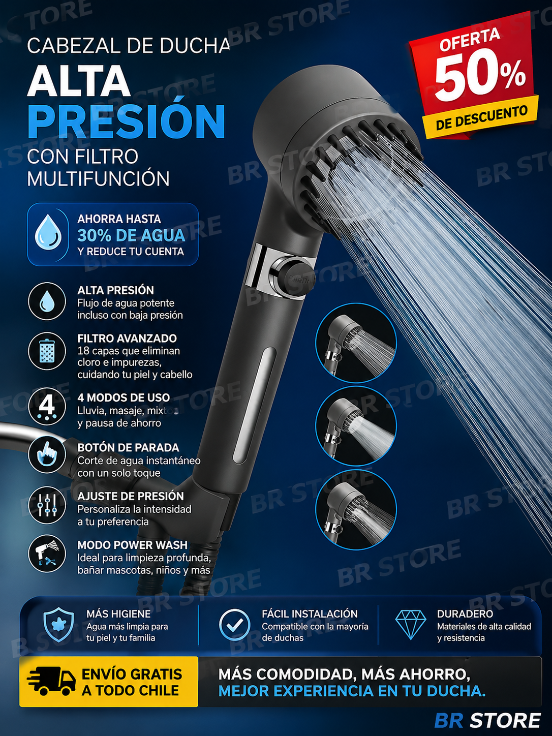 Ducha Potente con Filtro – Alta Presión y 4 Modos